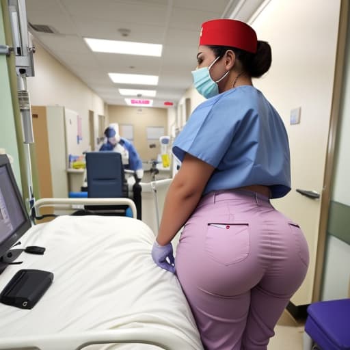  Nurse with big butt in tight trousers working in hospital.