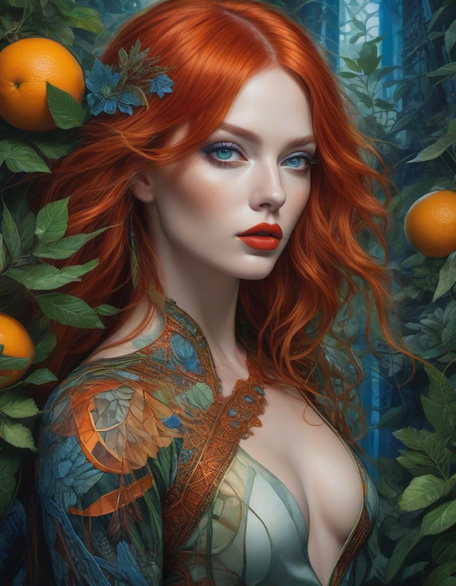  A stunning digital painting of a mysterious forest woman with red hair, blue green eyes, and orange lips. The artwork features intricate details, geometric patterns, and a surreal, photorealistic style. Created with a Nikon D850, it showcases amazing depth and fine borders, earning awards for its fantasy and ethereal qualities mysterious silhouette forest woman,red hair, blue green eyes, orange lips by Minjae Lee, Carne Griffiths, Emily Kell, Geoffroy Thoorens, Aaron Horkey, Jordan Grimmer, Greg Rutkowski, amazing depth, masterwork, surreal, geometric patterns, intricately detailed, bokeh, perfect balanced, deep fine borders, artistic photorealism , smooth, great masterwork by head of prompt engineering hyperrealistic, full body, detailed clothing, highly detailed, cinematic lighting, stunningly beautiful, intricate, sharp focus, f/1. 8, 85mm, (centered image composition), (professionally color graded), ((bright soft diffused light)), volumetric fog, trending on instagram, trending on tumblr, HDR 4K, 8K