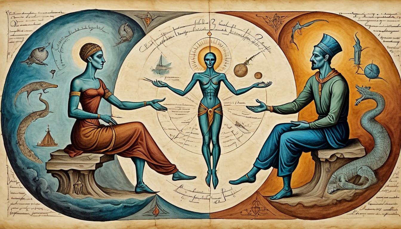  on parchment, surrealism+++, A figure bridging a divide, connecting two separated groups, harmonious colors, healing, reconciliation(mysterious, provocative, symbolic,muted color)+++