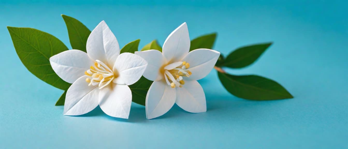  Macro Photography, A cute Jasmine on blue background, paper cut art., close up, macro 100mm, macro photography