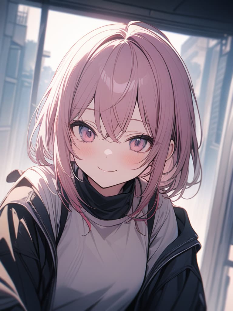  Silver pink hair, smile, emo, masterpiece, best quality,8k,ultra detailed,high resolution,an extremely delicate and beautiful,hyper detail