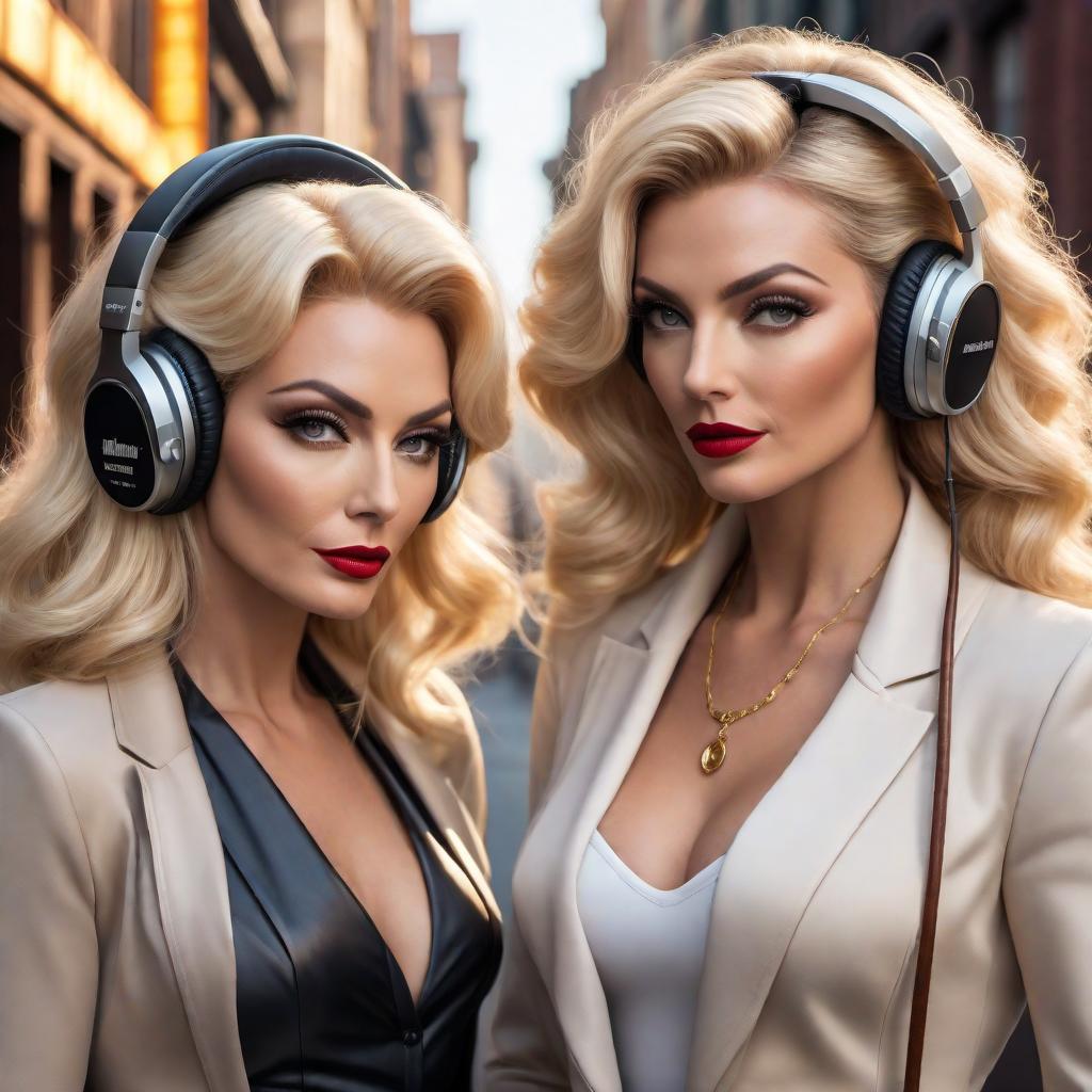  Create a podcast cover similar to the provided image: a vintage cartoon-style design featuring two distinct blonde women in their late 30s. The women should look elegant and high-achieving, reminiscent of vintage cartoon art. One woman can be holding an espresso martini, and both should appear to be enjoying themselves in an upscale room set up for podcasting. Elements such as microphones and headphones should be included to emphasize the podcast theme. The title 'Plotting Greatness' should be prominently displayed, ensuring that the design is eye-catching and conveys a sense of success. Use warm, inviting colors like gold, white, and soft pastels to give it a refined and royal touch, capturing the essence of high achievement and sophistica hyperrealistic, full body, detailed clothing, highly detailed, cinematic lighting, stunningly beautiful, intricate, sharp focus, f/1. 8, 85mm, (centered image composition), (professionally color graded), ((bright soft diffused light)), volumetric fog, trending on instagram, trending on tumblr, HDR 4K, 8K