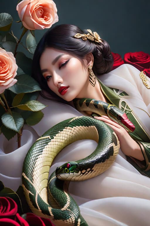  Snake coiled around two roses hyperrealistic, full body, detailed clothing, highly detailed, cinematic lighting, stunningly beautiful, intricate, sharp focus, f/1. 8, 85mm, (centered image composition), (professionally color graded), ((bright soft diffused light)), volumetric fog, trending on instagram, trending on tumblr, HDR 4K, 8K