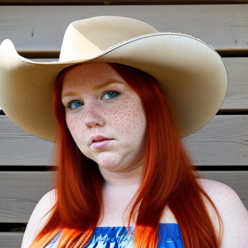  Long face, red hair, freckles, fat, cowboy hat, chubby, wearing blue dress