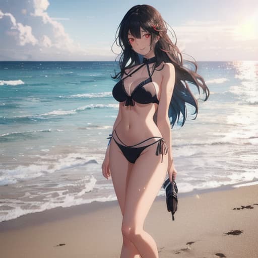   1girl, solo, anime named Emi, black long hair, on a beach, wearing blue bikini, looking at the viewer, red eyes, smiling. hyperrealistic, full body, detailed clothing, highly detailed, cinematic lighting, stunningly beautiful, intricate, sharp focus, f/1. 8, 85mm, (centered image composition), (professionally color graded), ((bright soft diffused light)), volumetric fog, trending on instagram, trending on tumblr, HDR 4K, 8K