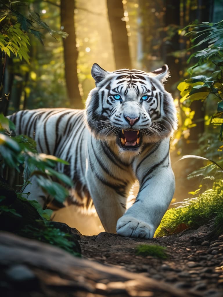  close up of a roaring white tiger with black stripes, open mouth showing sharp teeth, intense blue eyes, green foliage and rocks blurred in the background, photorealistic detailing, natural sunlight highlighting whiskers and fur texture, animal portrait photography, masterpiece hyperrealistic, full body, detailed clothing, highly detailed, cinematic lighting, stunningly beautiful, intricate, sharp focus, f/1. 8, 85mm, (centered image composition), (professionally color graded), ((bright soft diffused light)), volumetric fog, trending on instagram, trending on tumblr, HDR 4K, 8K