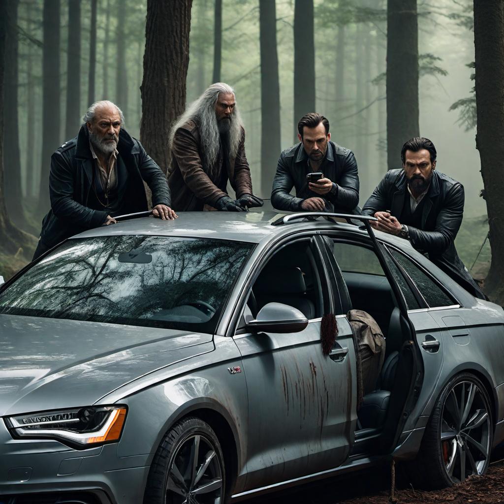  A realistic scene inside an Audi A6 car with three men and Baba Yaga. The driver is a man driving the car while talking on a mobile phone. The second man is sitting in the back seat, checking his phone. The third man is in the front passenger seat, looking directly at the camera. Baba Yaga is sitting next to the third man on the passenger seat. The scene is captured from a phone mounted in the front of the car, showing all three men and Baba Yaga. hyperrealistic, full body, detailed clothing, highly detailed, cinematic lighting, stunningly beautiful, intricate, sharp focus, f/1. 8, 85mm, (centered image composition), (professionally color graded), ((bright soft diffused light)), volumetric fog, trending on instagram, trending on tumblr, HDR 4K, 8K