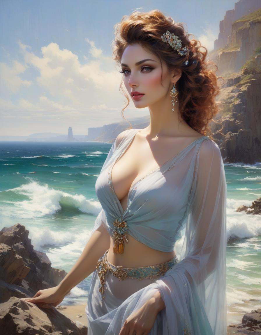  Beautiful Woman, her colors are soft, feminine, stunning and strong, like the ocean behind her, by Pino Daeni, Mark Brooks hyperrealistic, full body, detailed clothing, highly detailed, cinematic lighting, stunningly beautiful, intricate, sharp focus, f/1. 8, 85mm, (centered image composition), (professionally color graded), ((bright soft diffused light)), volumetric fog, trending on instagram, trending on tumblr, HDR 4K, 8K