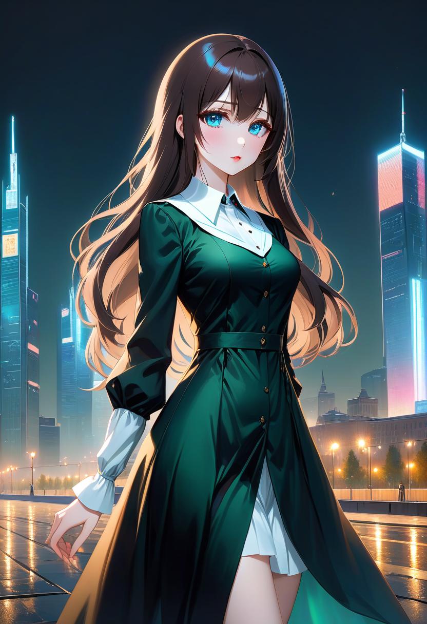  anime artwork beautiful , , white skinned, European, маленькая грудь, плоская грудь, blue eyes, long brown straight hair, slender figure, small neat s, dressed in a black dress with a white collar and white cuffs, full length, against the backdrop of a modern city. Skyscrs of Moscow City (photorealism, oil painting: 1.3), (full length shot: 1.3), charming , long flowing black hair, (large sensual mouth: 1.2), plump lips, sparkling emerald eyes , narrow waist, (sensual drawing: 1.2), silvery glow, ethereal aura, detailed brushwork, intricate shadows and highlights, mysterious and captivating expression, unique color palette, masterful use of light and shadow, captivating atmosphe hyperrealistic, full body, detailed clothing, highly detailed, cinematic lighting, stunningly beautiful, intricate, sharp focus, f/1. 8, 85mm, (centered image composition), (professionally color graded), ((bright soft diffused light)), volumetric fog, trending on instagram, trending on tumblr, HDR 4K, 8K