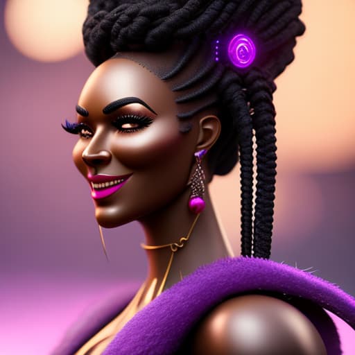  A nymph with black braided hair looks like a warrior and smiles at the purple magic girl with brown curly hair standing in front of her hyperrealistic, full body, detailed clothing, highly detailed, cinematic lighting, stunningly beautiful, intricate, sharp focus, f/1. 8, 85mm, (centered image composition), (professionally color graded), ((bright soft diffused light)), volumetric fog, trending on instagram, trending on tumblr, HDR 4K, 8K