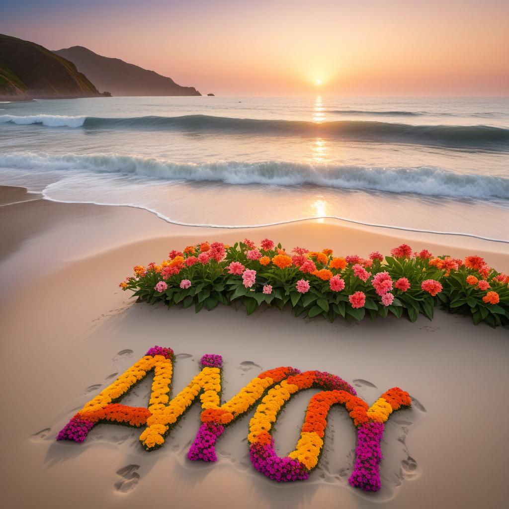  A beautiful sunset scene with a sea of colorful flowers in the foreground, gentle waves of water reflecting the sunset, and the name 'Amy' written artistically in the sand on the beach. hyperrealistic, full body, detailed clothing, highly detailed, cinematic lighting, stunningly beautiful, intricate, sharp focus, f/1. 8, 85mm, (centered image composition), (professionally color graded), ((bright soft diffused light)), volumetric fog, trending on instagram, trending on tumblr, HDR 4K, 8K