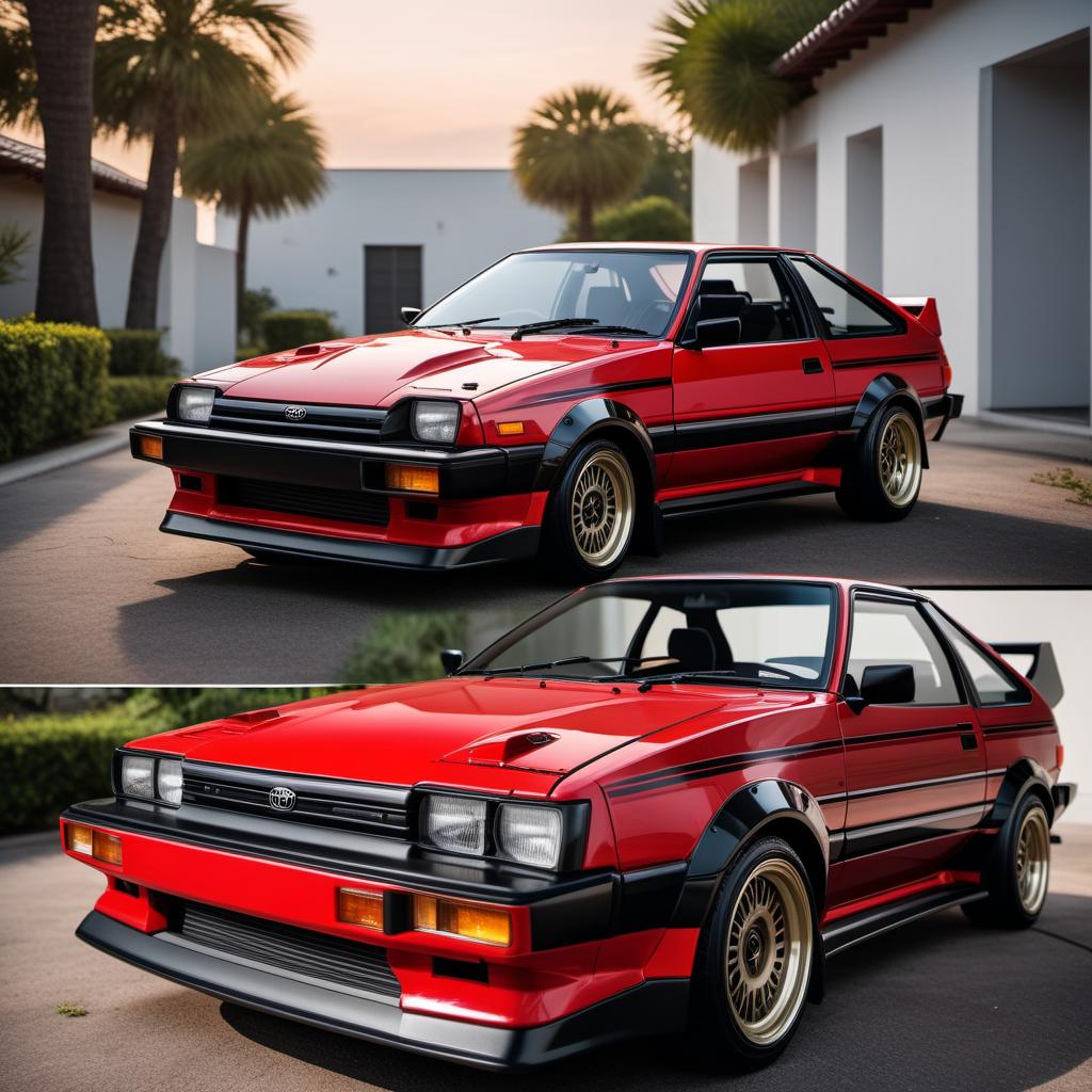  1986 AE86 Toyota Trueno hatchback in red and black. Highlight the iconic design, detailed headlights, front grille, and sporty wheels. Place the car in a scenic background with good lighting to showcase its features. hyperrealistic, full body, detailed clothing, highly detailed, cinematic lighting, stunningly beautiful, intricate, sharp focus, f/1. 8, 85mm, (centered image composition), (professionally color graded), ((bright soft diffused light)), volumetric fog, trending on instagram, trending on tumblr, HDR 4K, 8K