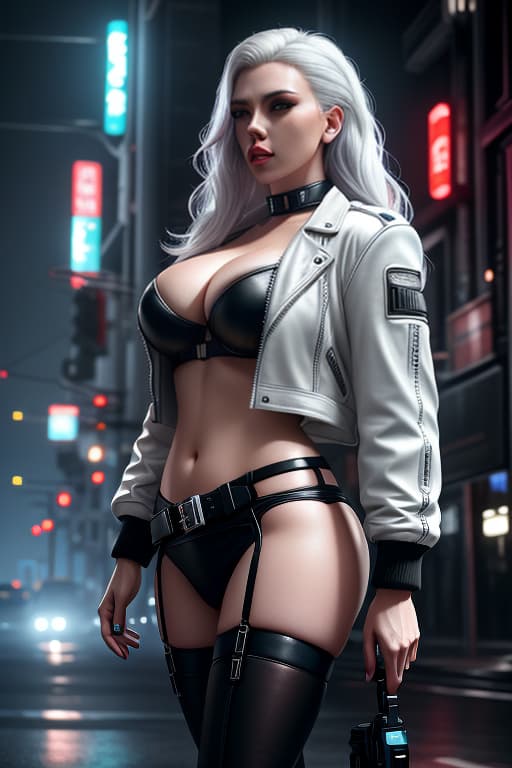  Scarlett Johansson, 25y.o., ultra realistic picture ((beautiful pale cyberpunk female with heavy black eyeliner)), blue eyes, shaved side haircut, long wavy hair, White hair, small breasts, tits, deep cleavage, belly button, leather jacket, mini skirt, hyper détails, cinematic lighting, magic neon, dark red city, Canon EOS R3, nikon, f/1.4, ISO 200, 1/160s, 8K, RAW, unedited, symmetrical balance, in frame, 8K hyperrealistic, full body, detailed clothing, highly detailed, cinematic lighting, stunningly beautiful, intricate, sharp focus, f/1. 8, 85mm, (centered image composition), (professionally color graded), ((bright soft diffused light)), volumetric fog, trending on instagram, trending on tumblr, HDR 4K, 8K