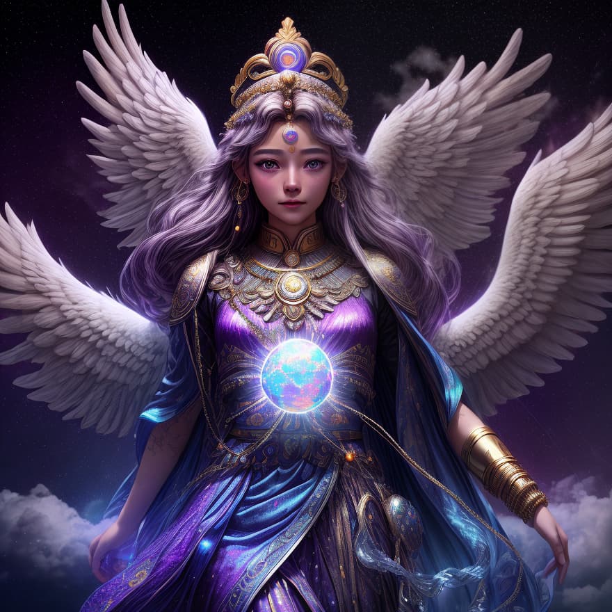  one goddees, 1 character, from sky, from heaven, A hyper realistic opal statue of Greek goddesses of dreams ((Oneiros)) Athena with colourful, peace god, Korean skin, a little smile cute and kind, on the purple clouds, magic lights falling, white wings, three quoter view, pretty French face, sharp detailed, purple and gold clothes, dark purple hair, metallic carvings purple, Sparkling Golden Particles Trail Stars Glittering particle effect, dark purple background, Hyperdetailed photorealism, 108 megapixels, purple amazing depth, an Athena temple behind clouds, glowing rich colors, powerful imagery, psychedelic, cinematic lighting, Artstation concept art, smooth, sharp focus, 8k, an epic fantasy, Digital art. Highly detailed. Octane render. 