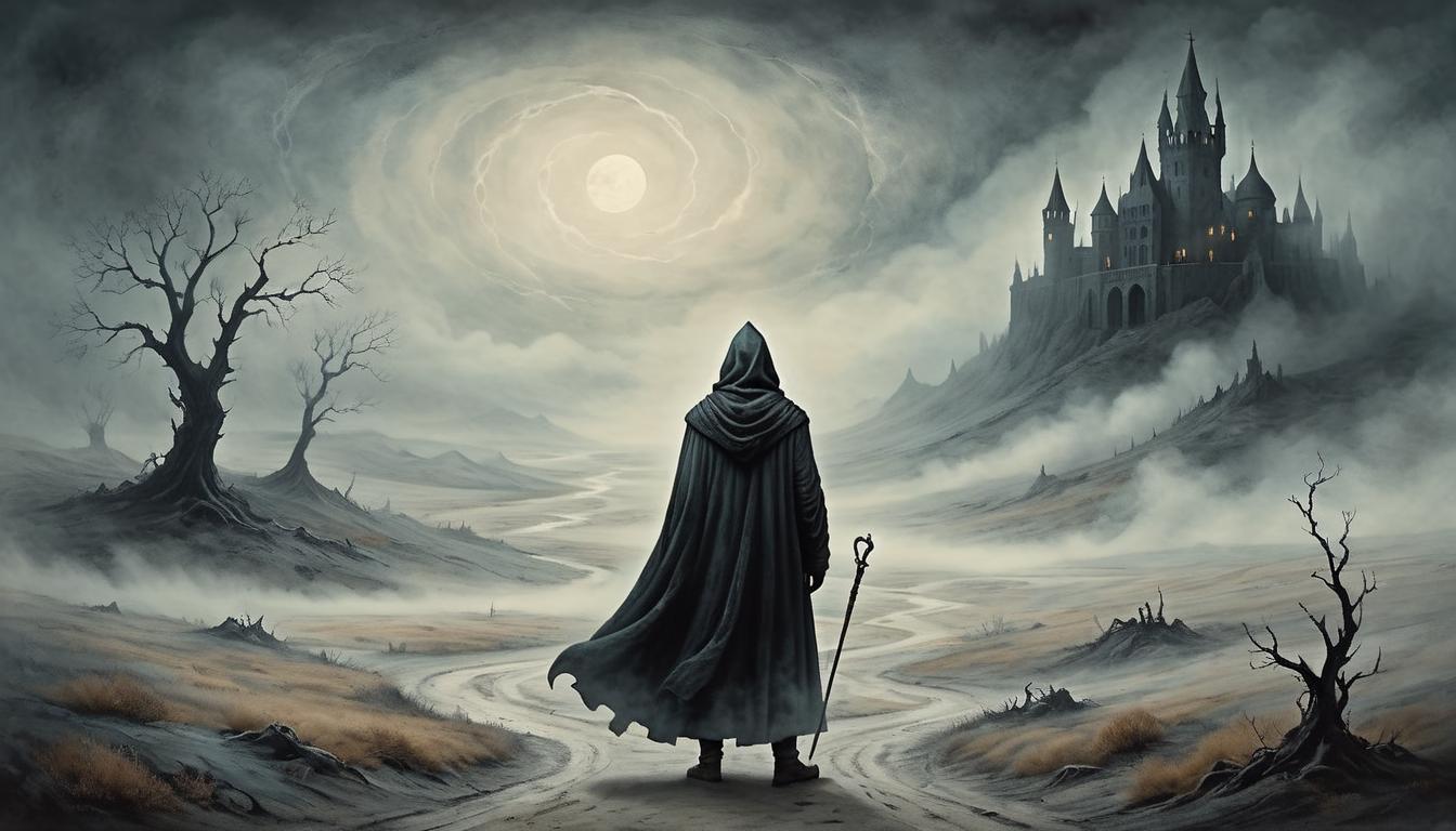  on parchment, surrealism+++, Hooded figure standing in a desolate landscape, surrounded by swirling fog, dark, enigmatic, loneliness(mysterious, provocative, symbolic,muted color)+++