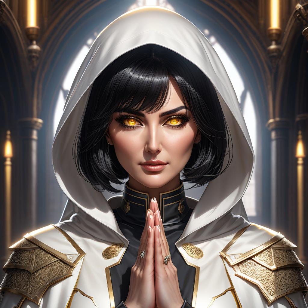  Mature female, big brests, nun, (((full body))), hourglass figure, black hair, bob cut, bright yellow eyes, glowing eyes, (mole under eye), (((scale armor))), white clothing, nun habit, white cloak, looks at viewer, looks down, evil grin, , ((prayer)), hands folded in a prayer gesture, (extremely hyper detailed face), (masterpiece:1.4), (perfect eyes:1.1), (perfect hands), 2d, anime, extremely detailed clothes. hyperrealistic, full body, detailed clothing, highly detailed, cinematic lighting, stunningly beautiful, intricate, sharp focus, f/1. 8, 85mm, (centered image composition), (professionally color graded), ((bright soft diffused light)), volumetric fog, trending on instagram, trending on tumblr, HDR 4K, 8K