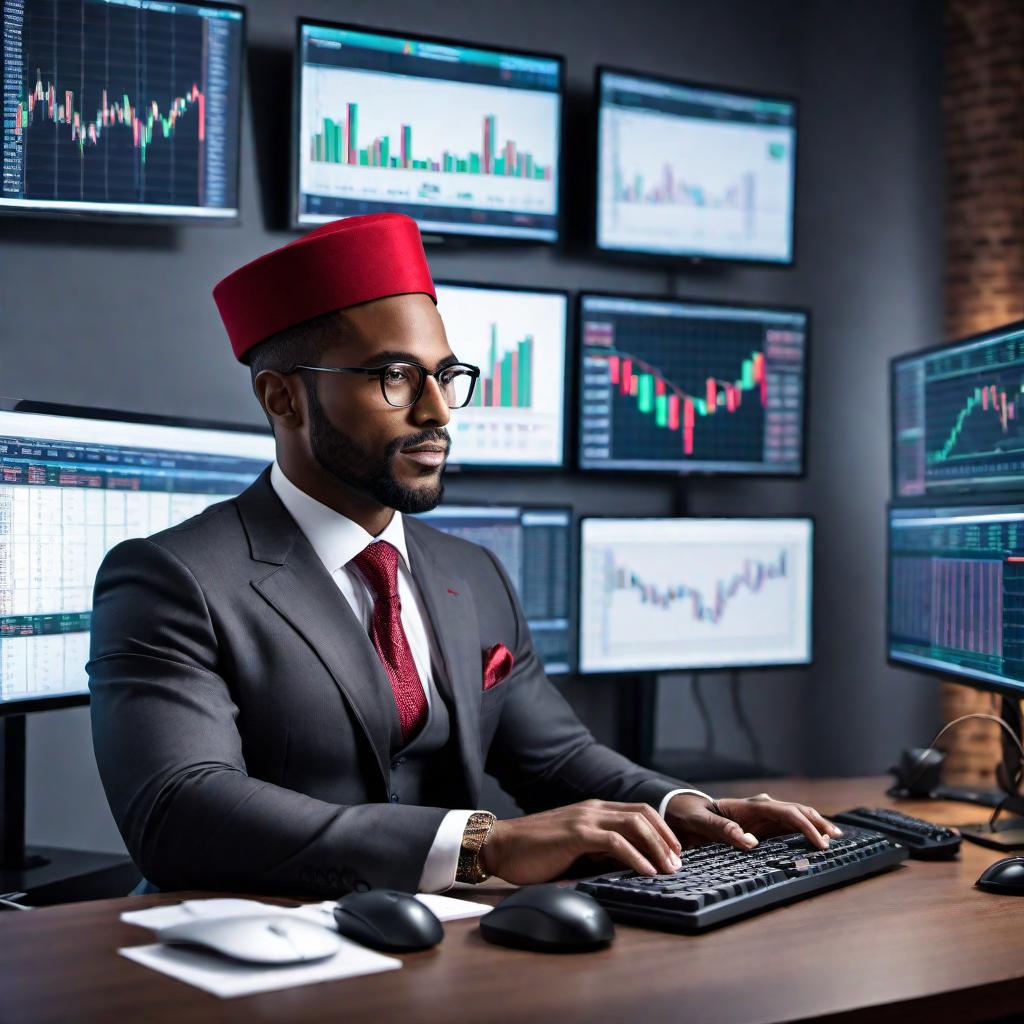  A Moorish American man trading stocks on his computer. The man is wearing a fez and traditional clothing, sitting at a modern desk with multiple computer screens showing stock market charts and trading platforms. The background features a contemporary office with elements of Moorish design, like ornate patterns and arches, blending the traditional with the modern. The man looks focused and engaged, using a mouse and keyboard to make trades. hyperrealistic, full body, detailed clothing, highly detailed, cinematic lighting, stunningly beautiful, intricate, sharp focus, f/1. 8, 85mm, (centered image composition), (professionally color graded), ((bright soft diffused light)), volumetric fog, trending on instagram, trending on tumblr, HDR 4K, 8K