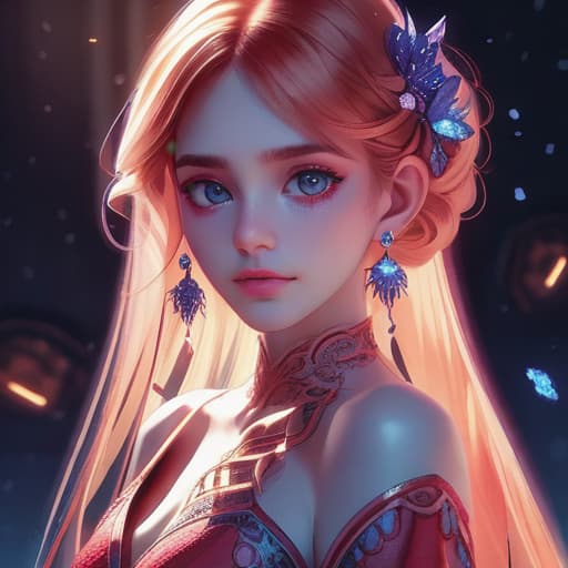  masterpiece, best quality, front view,4k, 8k, intricate detail, cinematic lighting, amazing quality, soft lighting, Detailed Ilration, game cg style, wallpaper,1 , sole, upper body, medium shot,medium s, round s, ((age)), half updo,split color hair, alternate hairstyle, medium hair,A hooked nose, a straight nose,lips, beautiful eyes, earrings,blush and shy, (:d), looking at viewer,gentle woman, leaning forward, glowing lace,red and blue galaxy clothes, (exquisite clothes, detailed clothes, depth v clothes),wide sleeves, standing, in dark, Colorful neon Galaxy