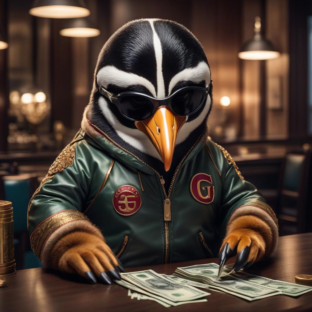  cinematic film still A pinguin in a Gucci tracksuit and black sunglasses sits at a table and counts money in his hands and smiles . shallow depth of field, vignette, highly detailed, high budget, bokeh, cinemascope, moody, epic, gorgeous, film grain, grainy hyperrealistic, full body, detailed clothing, highly detailed, cinematic lighting, stunningly beautiful, intricate, sharp focus, f/1. 8, 85mm, (centered image composition), (professionally color graded), ((bright soft diffused light)), volumetric fog, trending on instagram, trending on tumblr, HDR 4K, 8K