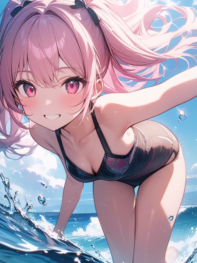  Cute, , big eyes, big s, , sea, beautiful, smiling, swimwear, true pink hair color, pink eyes, twin tails, fluffy hair, , splashes, forward , masterpiece, best quality,8k,ultra detailed,high resolution,an extremely delicate and beautiful,hyper detail