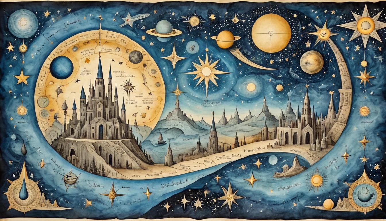  on parchment, surrealism+++, Universe conspiring to protect righteous, cosmic alignment of stars and light, intricate, guided, secure(mysterious, provocative, symbolic,muted color)+++