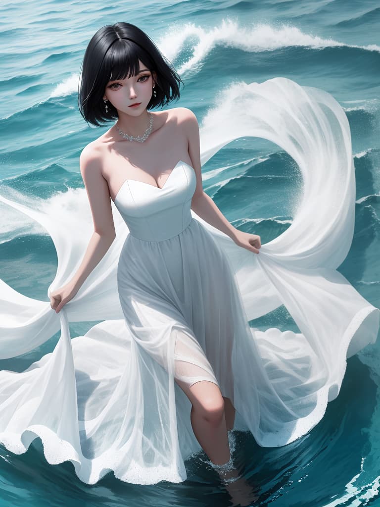  Black hair bob, in the sea, white dress, whole body, masterpiece, best quality,8k,ultra detailed,high resolution,an extremely delicate and beautiful,hyper detail