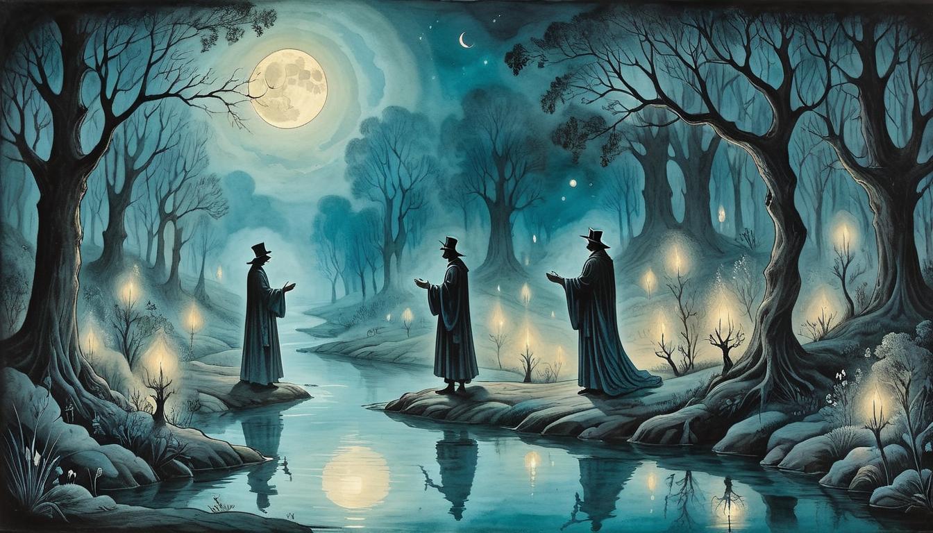  on parchment, surrealism+++, Two shadowy figures mimicking each other’s gestures beside an enchanted, glittering stream, moonlight reflecting in water, sense of mimicry, surreal, ethereal glow(mysterious, provocative, symbolic,muted color)+++