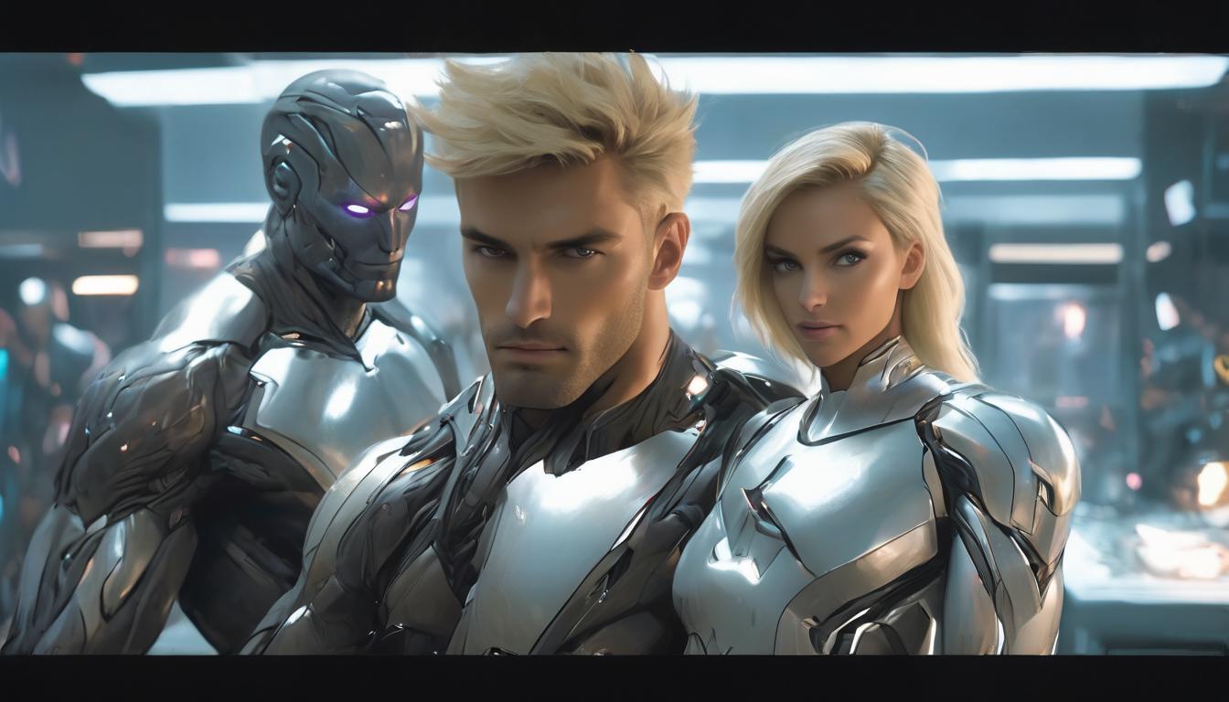  hyperrealism,fantasy aesthetic1man1woman, large busted attractive blonde arian female humanoid, handsome blonde arian male humanoid, office environment, working with divine focus, high tech clothing clad in sleek, futuristic costume with metallic accents and form fitting designs, marvel superhero comics style, unreal engine rendering