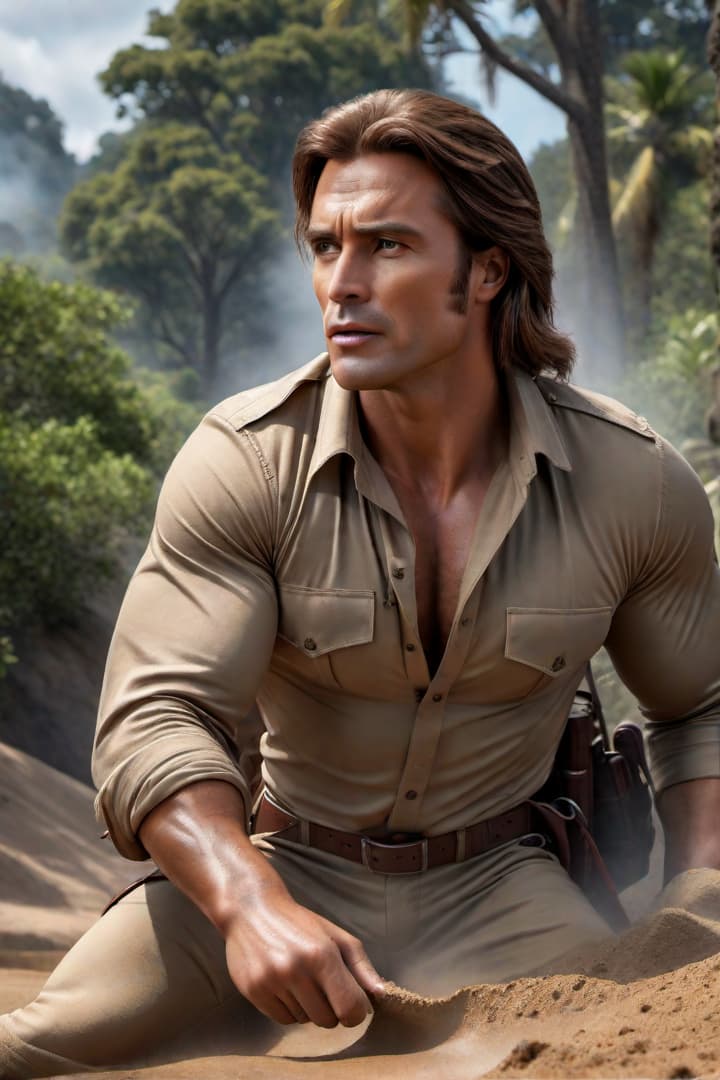  Show image of Tarzan rescuing explorer Jane Porter ,wearing khaki shorts and khaki shirt with khaki knee socks ,pulls her out of a pit of quicksand hyperrealistic, full body, detailed clothing, highly detailed, cinematic lighting, stunningly beautiful, intricate, sharp focus, f/1. 8, 85mm, (centered image composition), (professionally color graded), ((bright soft diffused light)), volumetric fog, trending on instagram, trending on tumblr, HDR 4K, 8K