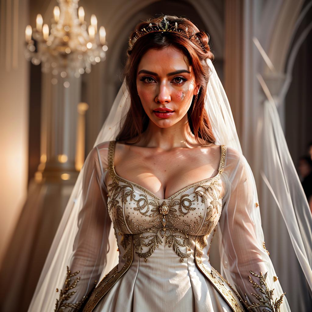  a photo of sad beauty women looking for king, wear dress and act like queen hyperrealistic, full body, detailed clothing, highly detailed, cinematic lighting, stunningly beautiful, intricate, sharp focus, f/1. 8, 85mm, (centered image composition), (professionally color graded), ((bright soft diffused light)), volumetric fog, trending on instagram, trending on tumblr, HDR 4K, 8K