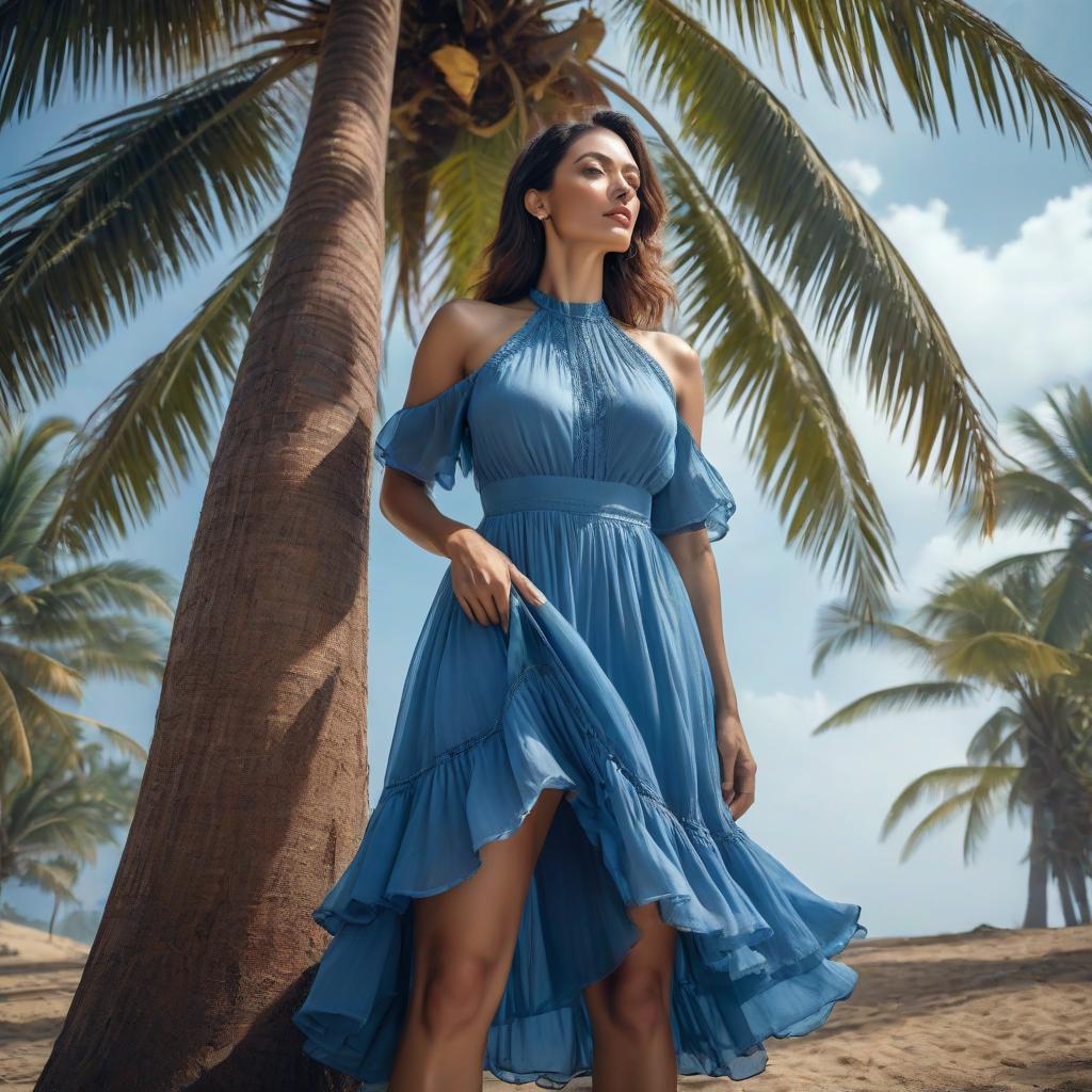  a woman stands tall in a blue dress, leans against a palm tree and drinks from a coconut hyperrealistic, full body, detailed clothing, highly detailed, cinematic lighting, stunningly beautiful, intricate, sharp focus, f/1. 8, 85mm, (centered image composition), (professionally color graded), ((bright soft diffused light)), volumetric fog, trending on instagram, trending on tumblr, HDR 4K, 8K