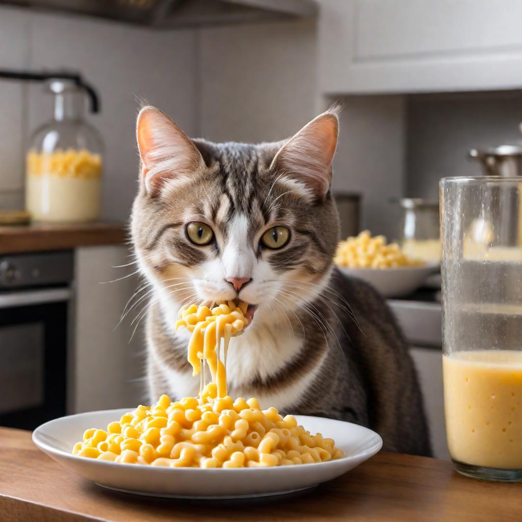  A cute cat eating a bowl of mac and cheese. The cat is happily enjoying its meal, with some cheesy pasta on its whiskers. The setting is a cozy kitchen with warm lighting, and the cat looks content and adorable. hyperrealistic, full body, detailed clothing, highly detailed, cinematic lighting, stunningly beautiful, intricate, sharp focus, f/1. 8, 85mm, (centered image composition), (professionally color graded), ((bright soft diffused light)), volumetric fog, trending on instagram, trending on tumblr, HDR 4K, 8K