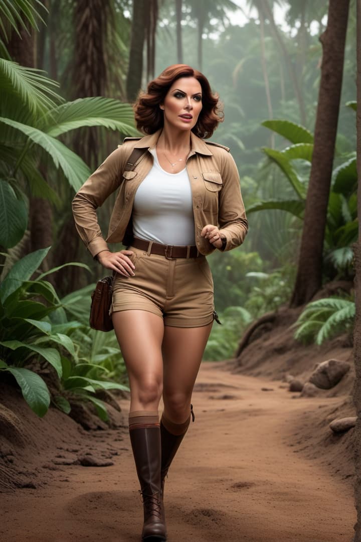  Screaming and crying A 1930’s era female jungle explorer,Velma. Dinkley ,wearing khaki shorts and khaki shirts with khaki knee socks, becoming steps into shoulder deep mud hyperrealistic, full body, detailed clothing, highly detailed, cinematic lighting, stunningly beautiful, intricate, sharp focus, f/1. 8, 85mm, (centered image composition), (professionally color graded), ((bright soft diffused light)), volumetric fog, trending on instagram, trending on tumblr, HDR 4K, 8K