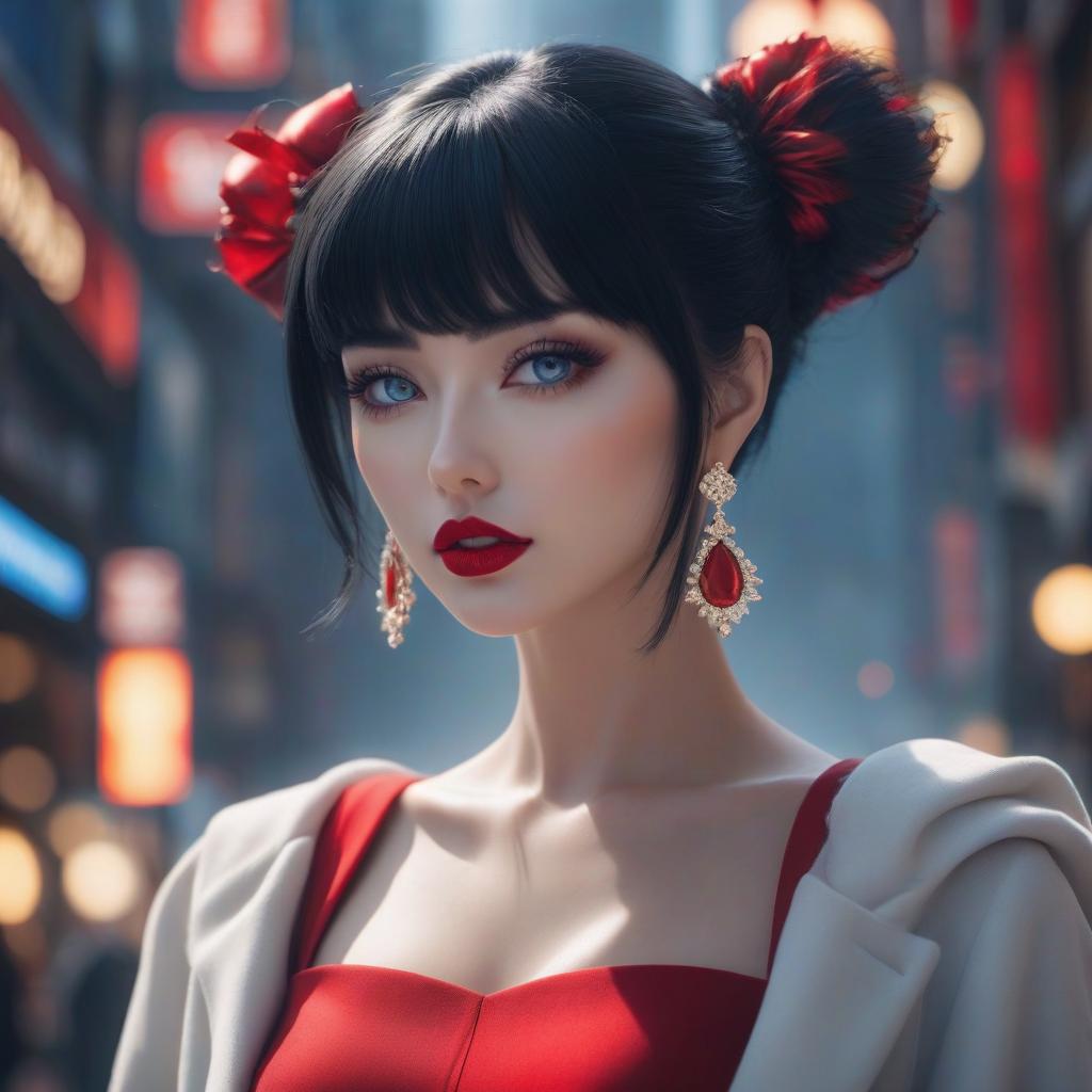  Anime style girl face with short black hair, blue eyes, red lips, and white earrings on her head. hyperrealistic, full body, detailed clothing, highly detailed, cinematic lighting, stunningly beautiful, intricate, sharp focus, f/1. 8, 85mm, (centered image composition), (professionally color graded), ((bright soft diffused light)), volumetric fog, trending on instagram, trending on tumblr, HDR 4K, 8K