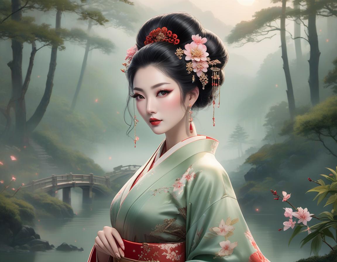  An illustrated woman in traditional Asian attire with elaborate hairstyle stands before a serene, misty forest landscape with a bridge. Create a digital painting of an ethereal Asian woman with pale skin and delicate facial features, standing amidst a fantastical forest environment. She wears a traditional Japanese kimono in shades of emerald green with floral patterns, accented with crimson and gold borders. Her hair is styled in an elaborate Shimada updo, embellished with intricate hairpins and decorations, including Kanzashi with flowers and dangling ornaments. She glances to her side with almond shaped eyes in a subtle shade, exhibiting softly blushed cheeks and traditional makeup with red accents. The background consists of a surreal,  hyperrealistic, full body, detailed clothing, highly detailed, cinematic lighting, stunningly beautiful, intricate, sharp focus, f/1. 8, 85mm, (centered image composition), (professionally color graded), ((bright soft diffused light)), volumetric fog, trending on instagram, trending on tumblr, HDR 4K, 8K