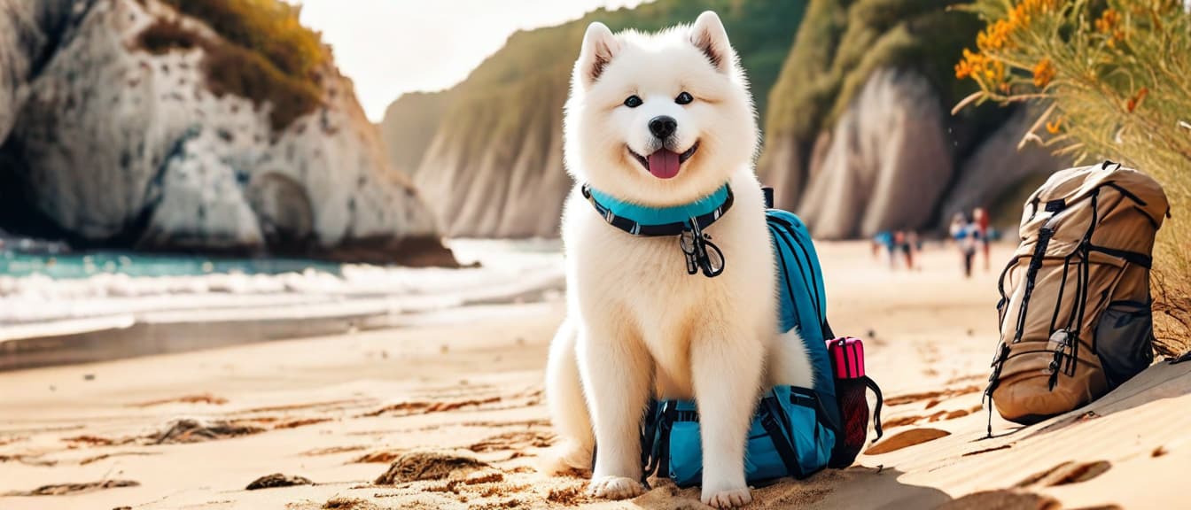  best quality, HD, Beach summer panoramic background with Samoyed dog with hiking bag on the sand