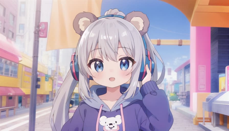  master piece , best quality,Bukabuka Hoodie Bear Ears Girl Headphones Silver Hair Ponytail