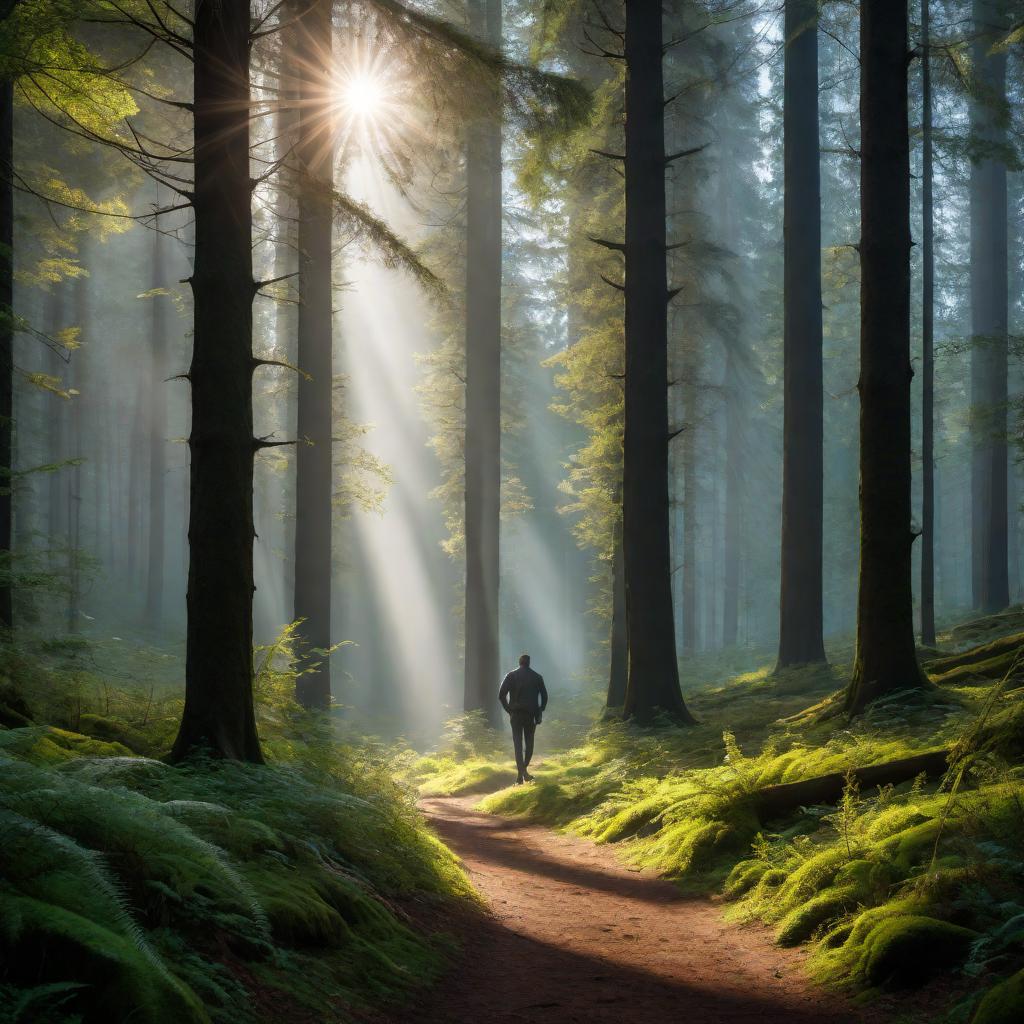  A deep forest scene where someone is running away, shadows play among tall trees. The forest has a mystical, magical aura with hints of enchantment like floating lights or sparkles. The person looks serene and determined, as if they've discovered something special. The atmosphere is mysterious and inviting, suggesting they will never return from this magical place. hyperrealistic, full body, detailed clothing, highly detailed, cinematic lighting, stunningly beautiful, intricate, sharp focus, f/1. 8, 85mm, (centered image composition), (professionally color graded), ((bright soft diffused light)), volumetric fog, trending on instagram, trending on tumblr, HDR 4K, 8K