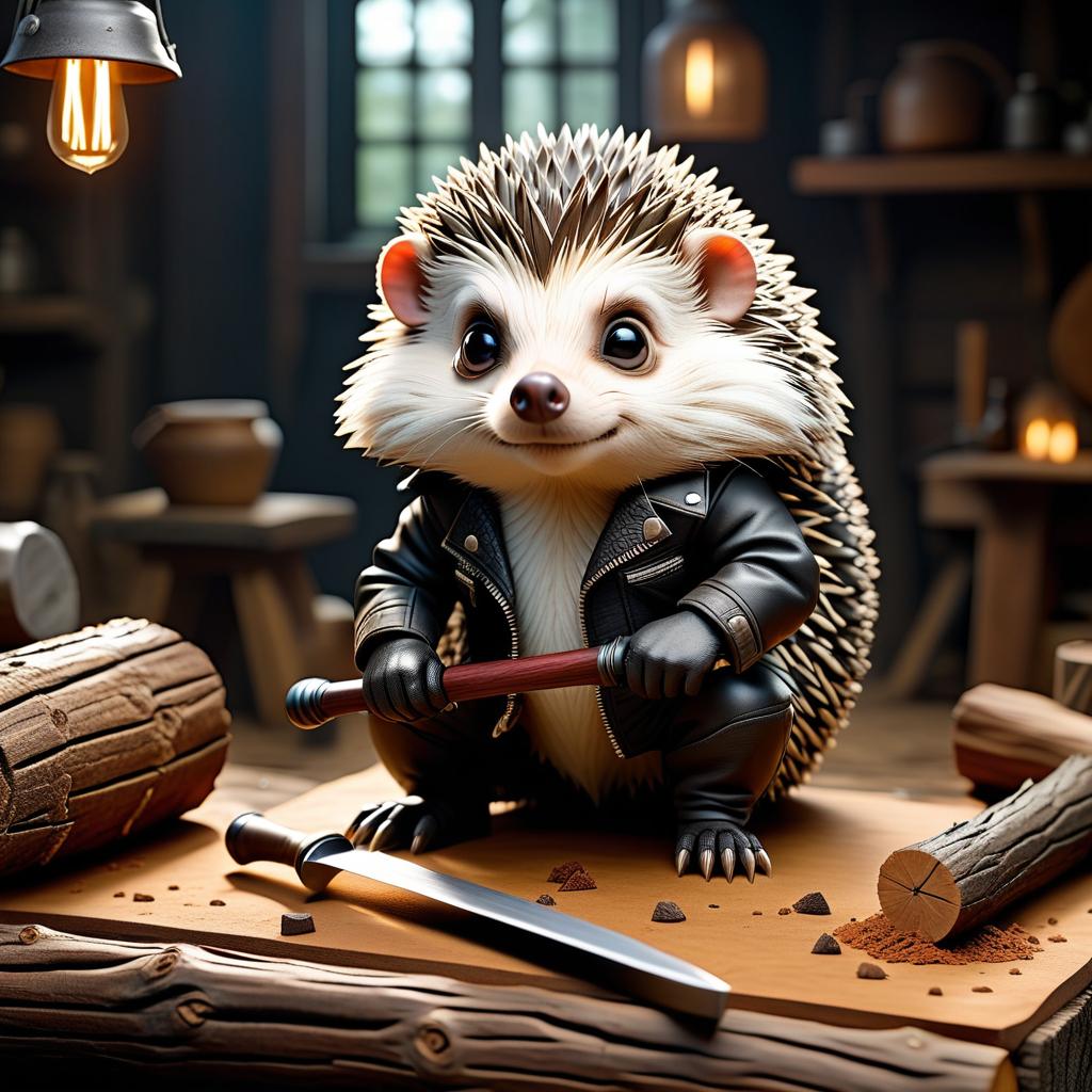  A black and white drawing with a marker, an aggressive, brutal hedgehog in a leather jacket like a throne from Game of Thrones, in dark glasses, in a carpentry workshop, carves a log with an adze. hyperrealistic, full body, detailed clothing, highly detailed, cinematic lighting, stunningly beautiful, intricate, sharp focus, f/1. 8, 85mm, (centered image composition), (professionally color graded), ((bright soft diffused light)), volumetric fog, trending on instagram, trending on tumblr, HDR 4K, 8K