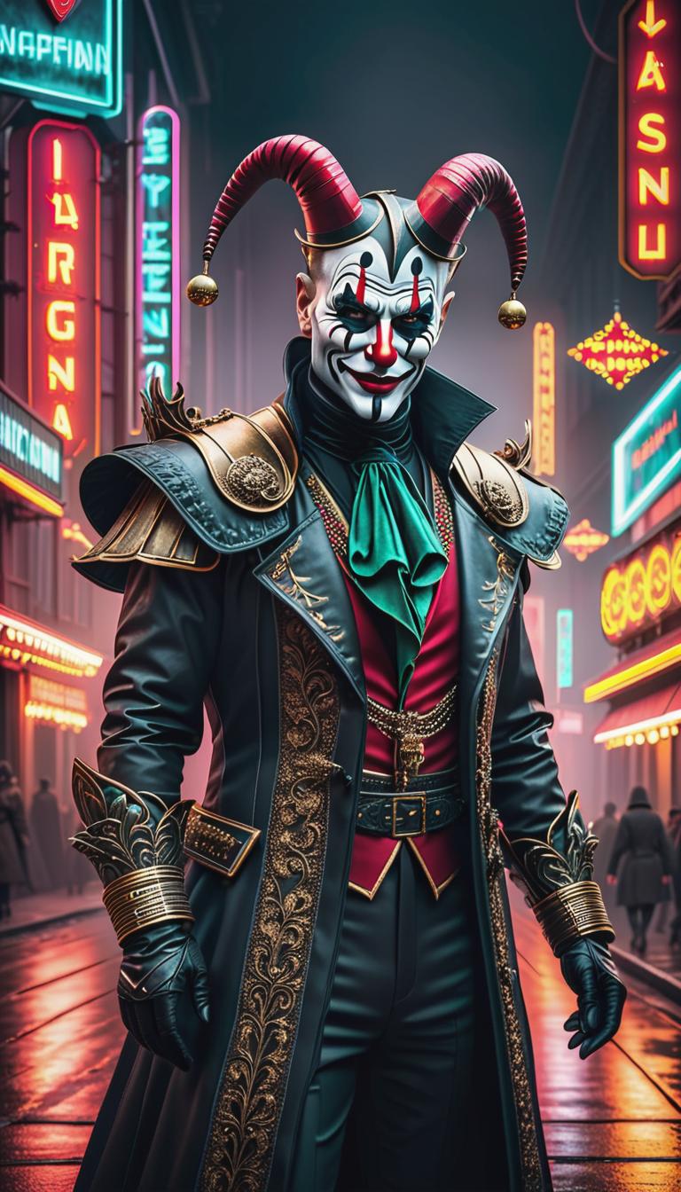  Cyberpunk style depiction of a sinister jester in a dark carnival. Dark, mysterious, scary, haunting, dramatic, ornate, detailed.. The scene is set in a world where technology has advanced, but society and human conditions have not, creating a gritty, dystopian atmosphere. hyperrealistic, full body, detailed clothing, highly detailed, cinematic lighting, stunningly beautiful, intricate, sharp focus, f/1. 8, 85mm, (centered image composition), (professionally color graded), ((bright soft diffused light)), volumetric fog, trending on instagram, trending on tumblr, HDR 4K, 8K