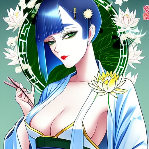  A priestess with short white and gold chopped hair at the ends, wears a sexy white kimono with details of lotus flowers, green eyes with a gentle and kind look