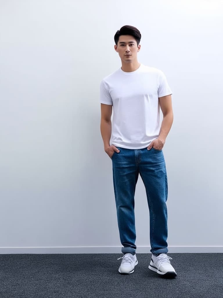  masterpiece, best quality, Masterpiece, ultra high definition, 8K. Front picture, full body. Korean man standing in front of a white wall with nothing. Wearing a white short sleeve T shirt, jeans, and sneakers., photography, cinematic, photorealistic, detailed, realistic, 8k, uhd, high quality, surface details, textures, sharp focus, HDR, 8K, masterpiece, <lora:Perfect Hands:1.2> <lora:add detail xl:0.5> <lora:more details:0.8>