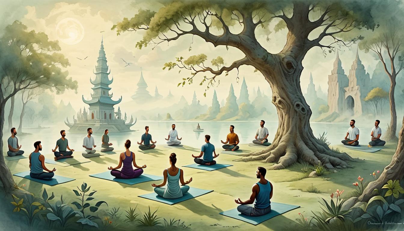  on parchment, surrealism+++, Group of individuals practicing yoga and meditation, focus on tranquility and unity, serene outdoor setting, representing effectiveness of mind body practices, rejuvenating and peaceful(mysterious, provocative, symbolic,muted color)+++