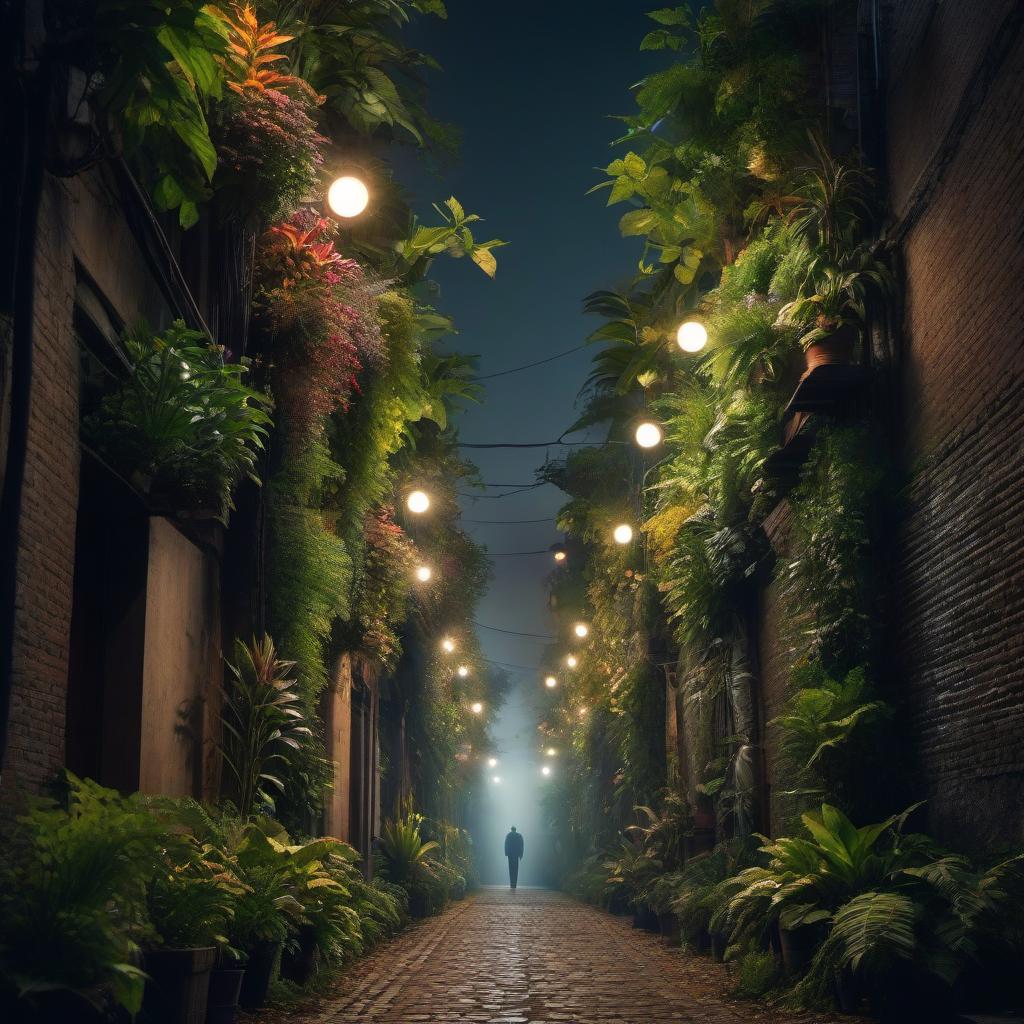  an alley of plants illuminated from below the ground at night hyperrealistic, full body, detailed clothing, highly detailed, cinematic lighting, stunningly beautiful, intricate, sharp focus, f/1. 8, 85mm, (centered image composition), (professionally color graded), ((bright soft diffused light)), volumetric fog, trending on instagram, trending on tumblr, HDR 4K, 8K