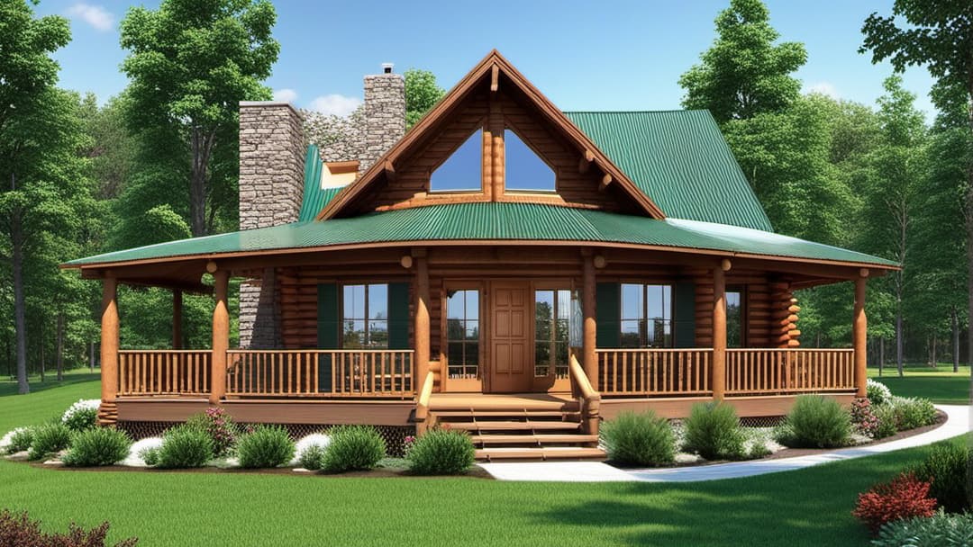  Exquisite Landscaping Enhancing Cabin's Appeal, This image must feature the exterior of a log cabin. zoom out to see the full home. make the image sharp and crisp. bright sunny.