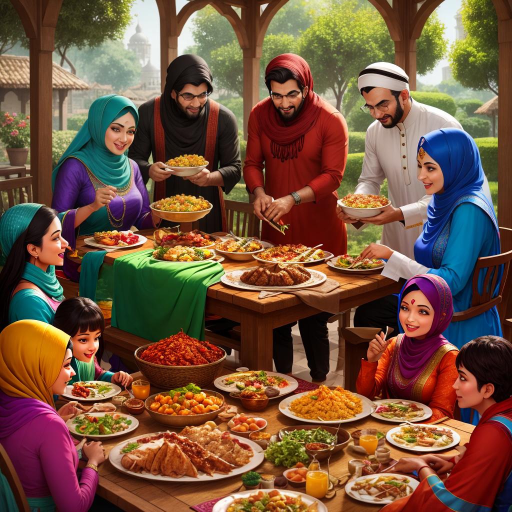  "Comic book cover, Eid ul Adha scene, family gathered for a feast, traditional dishes on the table, joyful expressions, outdoor in a garden, vibrant and colorful, Art Styles: Cartoon, Art Inspirations: Pixar, Dribble, Camera: medium shot, Render Related Information: bright colors, fantasy vivid colors, highly detailed, 8K resolution, studio lighting"