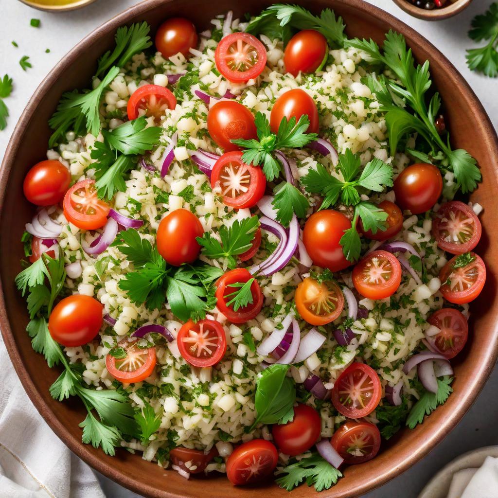  An Armenian piaz salad, featuring a blend of finely chopped onions, tomatoes, parsley, and sumac. The salad should be tossed with lemon juice and olive oil, and garnished with a sprinkle of black pepper and a few olives on top. The colors should be vibrant, showcasing the fresh ingredients. hyperrealistic, full body, detailed clothing, highly detailed, cinematic lighting, stunningly beautiful, intricate, sharp focus, f/1. 8, 85mm, (centered image composition), (professionally color graded), ((bright soft diffused light)), volumetric fog, trending on instagram, trending on tumblr, HDR 4K, 8K