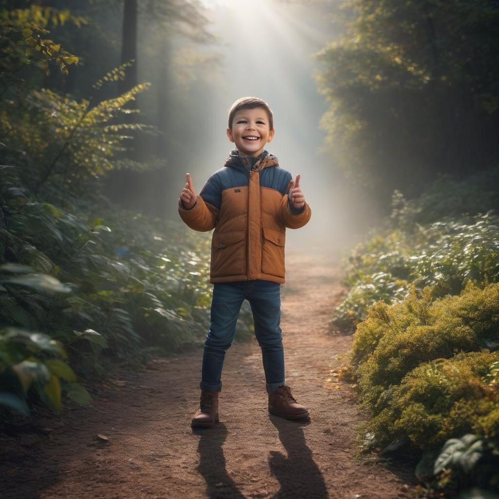  breathtaking Create an image of a small boy smiling and making the "OK" sign with his hand. . award winning, professional, highly detailed hyperrealistic, full body, detailed clothing, highly detailed, cinematic lighting, stunningly beautiful, intricate, sharp focus, f/1. 8, 85mm, (centered image composition), (professionally color graded), ((bright soft diffused light)), volumetric fog, trending on instagram, trending on tumblr, HDR 4K, 8K