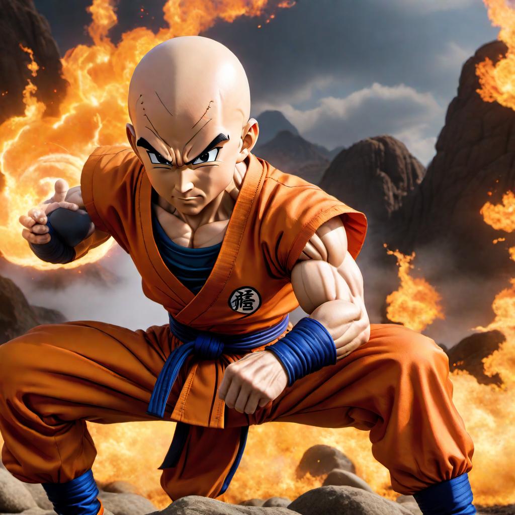  A detailed image of Krillin from Dragon Ball Z. He should be in his iconic orange martial arts outfit, looking determined and ready for battle. The background should be a dynamic scene, reminiscent of the battlefields seen in the series, with energy waves or blasts around to highlight the intensity. hyperrealistic, full body, detailed clothing, highly detailed, cinematic lighting, stunningly beautiful, intricate, sharp focus, f/1. 8, 85mm, (centered image composition), (professionally color graded), ((bright soft diffused light)), volumetric fog, trending on instagram, trending on tumblr, HDR 4K, 8K