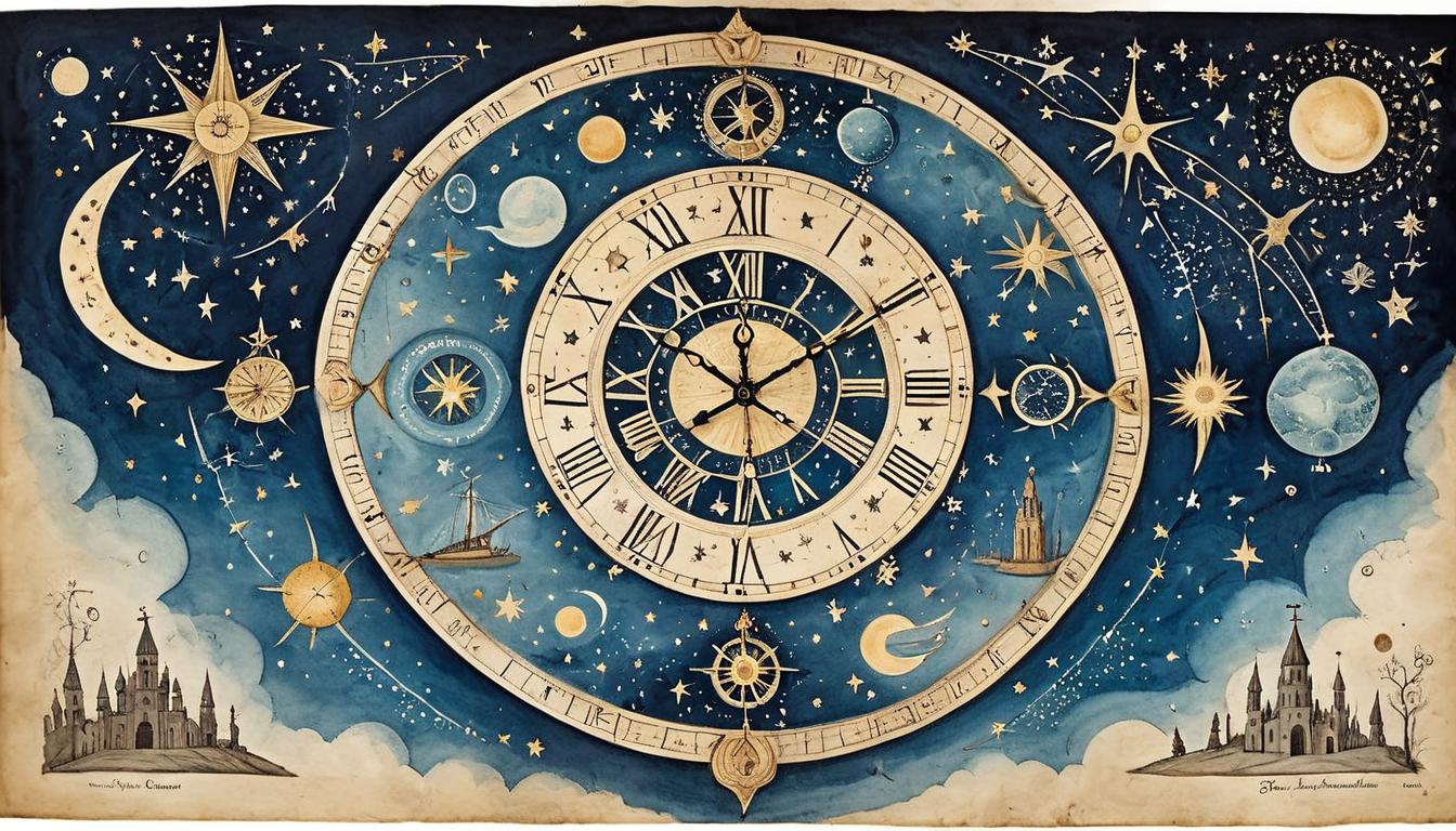  on parchment, surrealism+++, A celestial clock with constellations, ticking hands made of stardust, the universe's recognition, destiny, cosmic order(mysterious, provocative, symbolic,muted color)+++